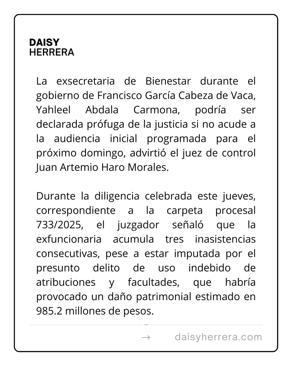 #ElPuntoEs 🔴 El Poder Judicial de Tamaulipas advirtió que Yahleel Abdala Carmona será considerada sustraída de la justicia si no comparece a la audiencia.

ℹ️Información de Alan Morales.   

#Tamaulipas #Reynosa #Matamoros #NuevoLaredo #CdVictoria #Tampico #Madero #Altamira