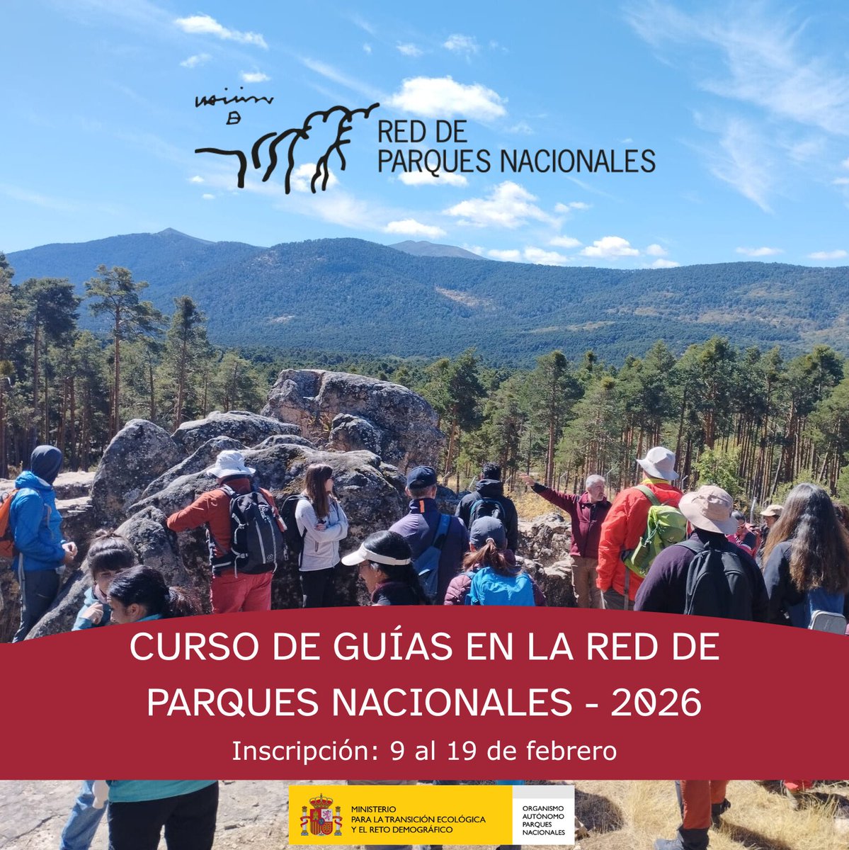 oapngob's tweet photo. 📢 Curso de Guías de Parques Nacionales 2026
 
🗓️ Formación online (70 h): abril–junio
📍 Fase presencial (≈30 h): último cuatrimestre, en el parque nacional elegido
👥 275 plazas-25 por parque
👉 Para profesionales que trabajan como guías intérpretes
ℹ️  https://t.co/Y6NUc0nDWQ https://t.co/YvrJWYSl4L