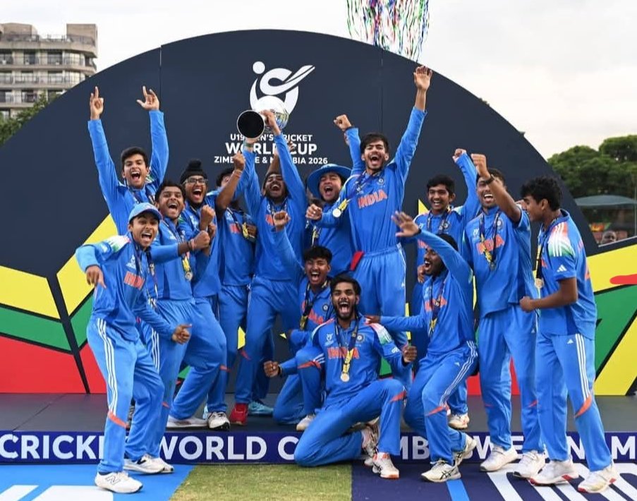 IndCricketAssoc's tweet photo. CHAMPIONS 🏆 

Heartiest congratulations to the Indian Under-19 Cricket Team on clinching a record-extending sixth #U19WorldCup title by defeating England by a massive 100 runs!  

Best wishes to the future stars of Indian cricket! 

#U19WorldCup #Champions #ProudMoment https://t.co/zkOjPmBe9Q