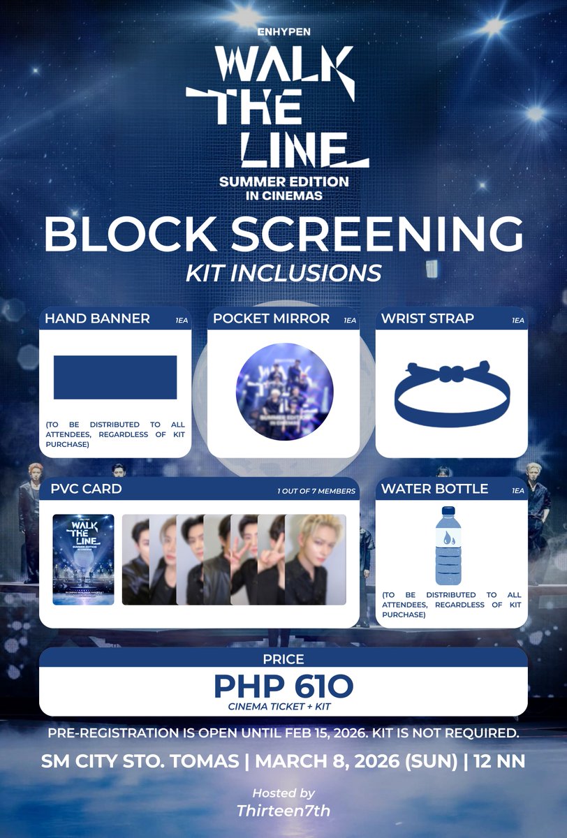 ‼️UPDATE‼️

Join our block screening and secure your slot now!
Experience ENHYPEN: Walk the Line – Summer Edition with us on the big screen 🎬✨

🔗 Pre-register here: tinyurl.com/WTLSETT7

#ENHYPEN #ENGENE #EN_INCINEMAS #EN_WALKTHELINE_INCINEMAS