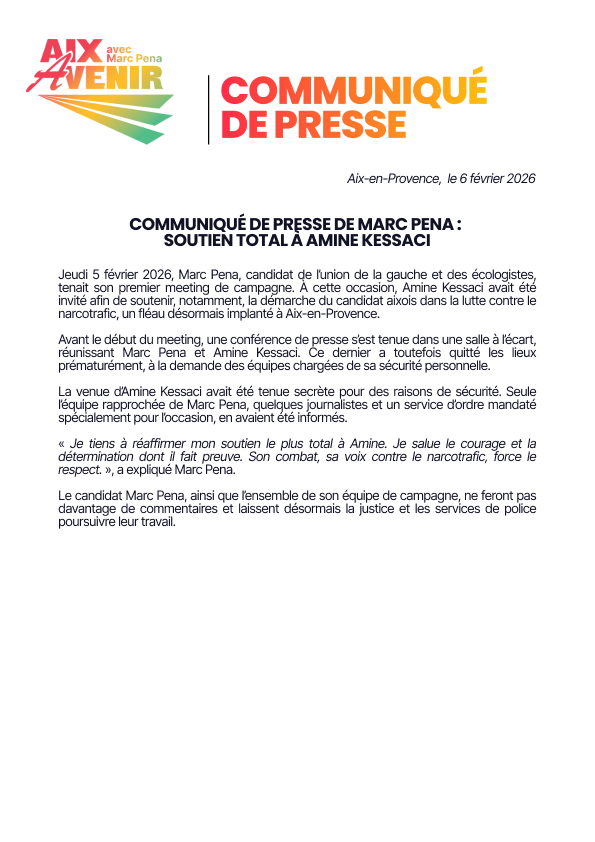 Je tiens à réaffirmer mon soutien le plus total à Amine Kessaci.

Je salue le courage et la détermination dont il fait preuve.