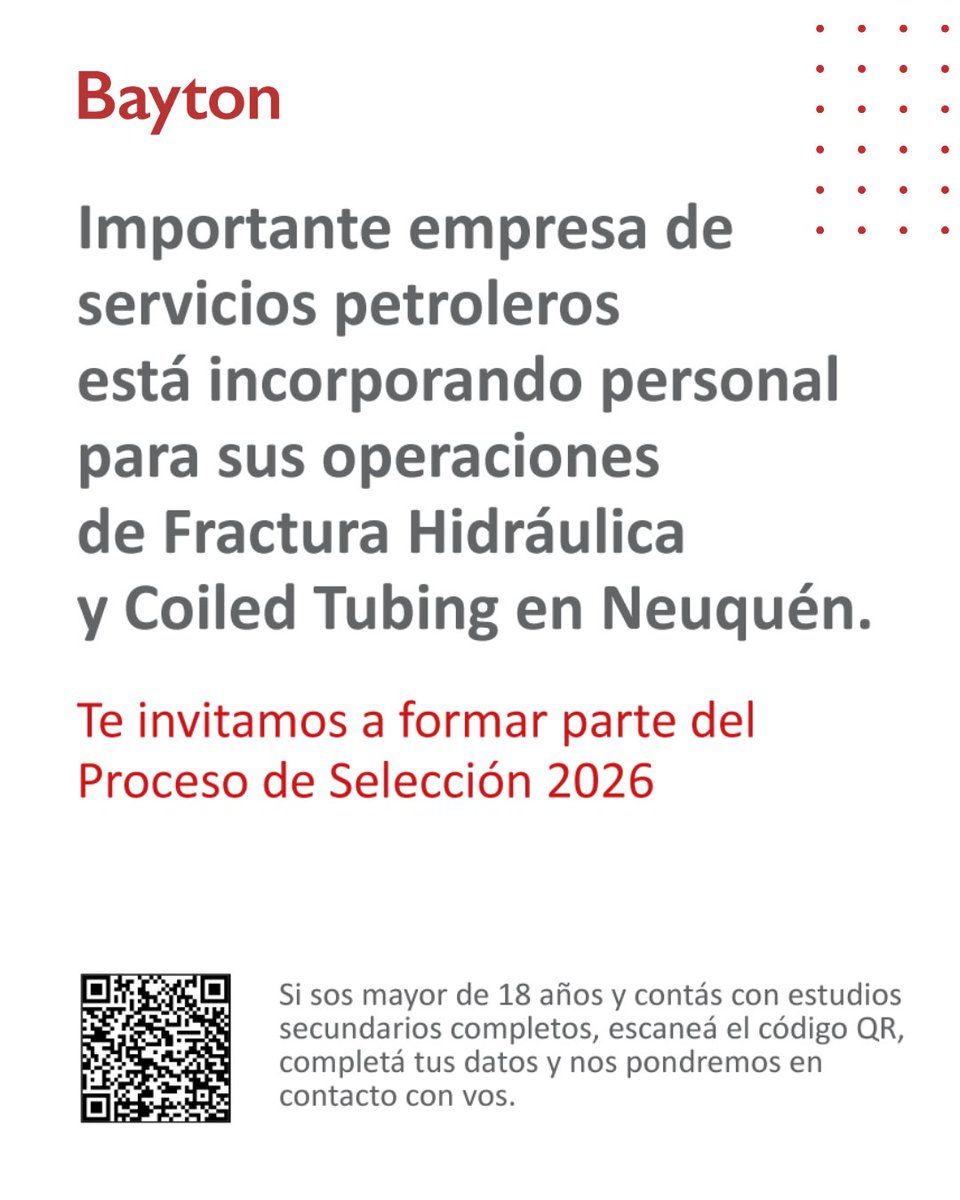 📍 ¡Nuevas búsquedas Neuquén! 🇦🇷

👉 Importante empresa de servicios petroleros incorpora personal para sus operaciones de:
Fractura Hidráulica y Coiled Tubing. Si contás con experiencia ¡te invitamos a formar parte del Proceso de Selección 2026! ➡️ hubs.ly/Q0428jb60