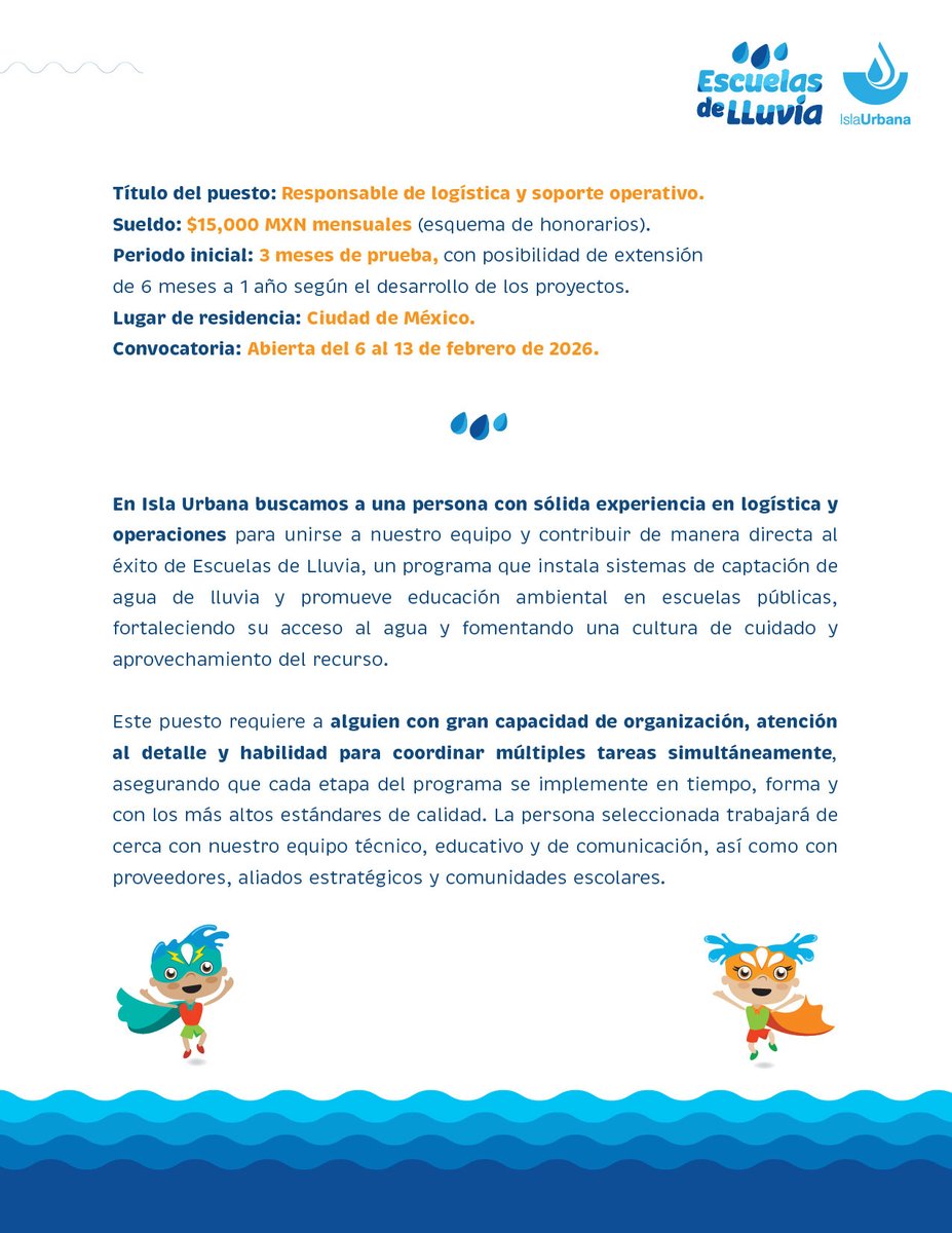 IslaUrbana's tweet photo. 📢 ¡Tenemos #vacante! Súmate a nuestro equipo como Responsable de Logística y Soporte Operativo en nuestro programa #EscuelasDeLluvia 🌧🏫
Envía documentos antes del 13 de febrero 📩
Características del puesto aquí 👉: https://t.co/FBeFNiB2Zd
#CaptaLaLluvia https://t.co/9WIxTHF2em