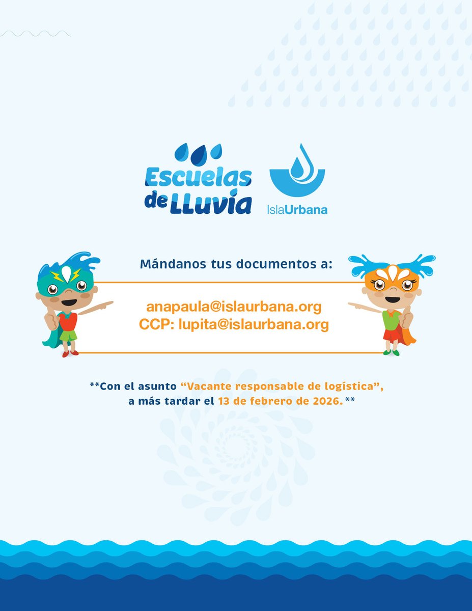 IslaUrbana's tweet photo. 📢 ¡Tenemos #vacante! Súmate a nuestro equipo como Responsable de Logística y Soporte Operativo en nuestro programa #EscuelasDeLluvia 🌧🏫
Envía documentos antes del 13 de febrero 📩
Características del puesto aquí 👉: https://t.co/FBeFNiB2Zd
#CaptaLaLluvia https://t.co/9WIxTHF2em