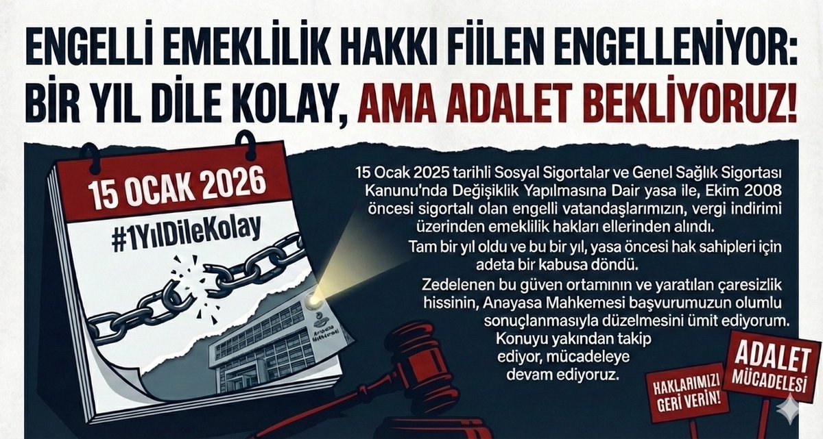<a href="/EhatDer/">ENGELLİ HAKLARI VE ADALET TOPLULUĞU DERNEĞİ</a> Anayasa açık:
Kazanılmış haklar geriye dönük olarak ortadan kaldırılamaz.
Engellilerin emeklilik hakkı elinden alındı.
#EngelliEmeklilikHaktır
#BirlikteGüçlüyüz
#Unutmayacağız
<a href="/EhatDer/">ENGELLİ HAKLARI VE ADALET TOPLULUĞU DERNEĞİ</a>
<a href="/AYMBASKANLIGI/">Anayasa Mahkemesi</a>