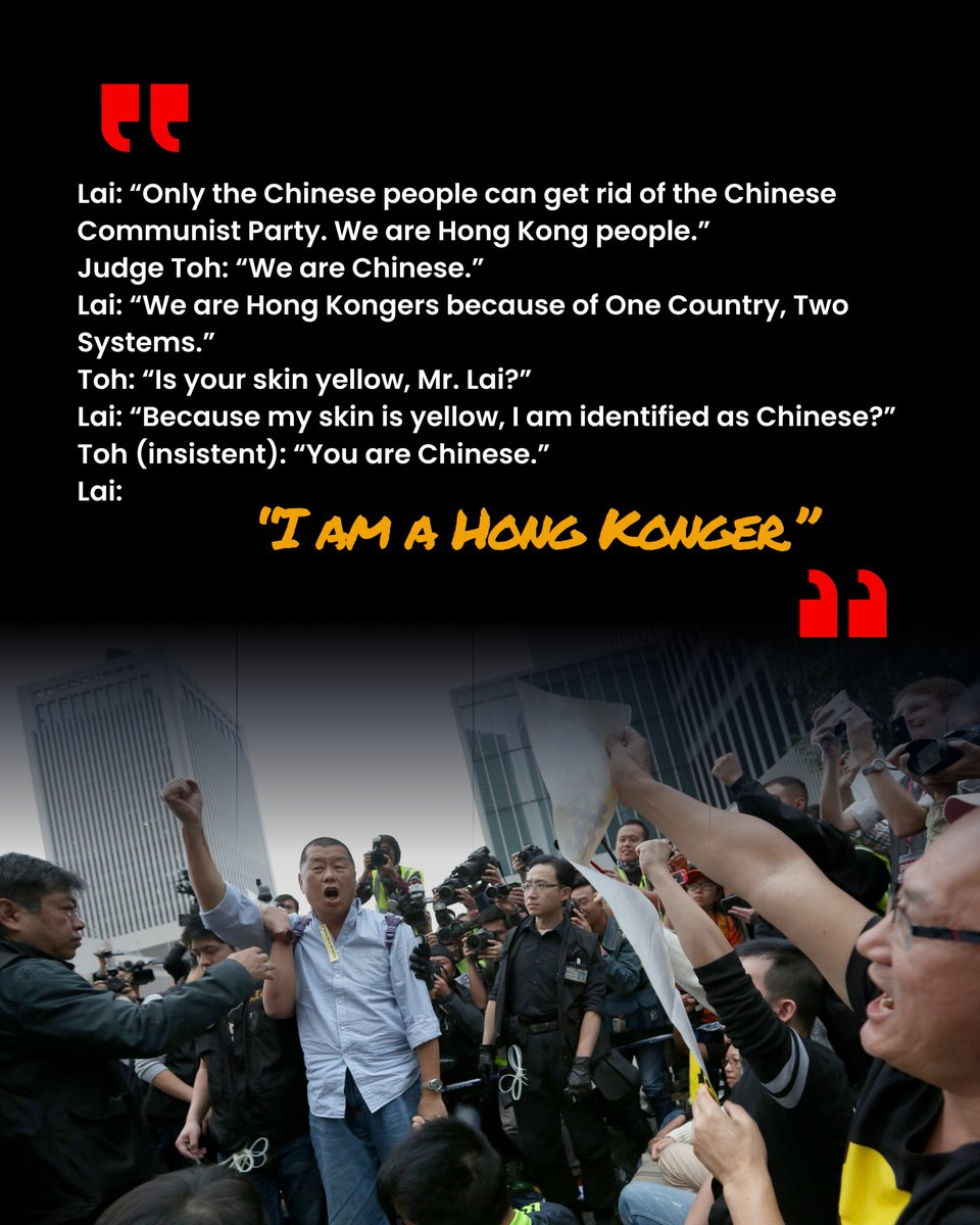 thecfhk's tweet photo. On Monday, three judges - Esther Toh, Alex Lee, and Susana D'Almada Remedios - all handpicked by #HongKong Chief Executive John Lee from a list approved by #Beijing, will sentence #JimmyLai under the National Security Law.

As this exchange shows, even after detaining him for most of the last 5 years in solitary confinement, they could not break Jimmy's spirit on the witness stand.

The judges will be consigned to the dustbin of history.

Jimmy Lai will be forever remembered.

#HongKonger #FreeJimmyLai