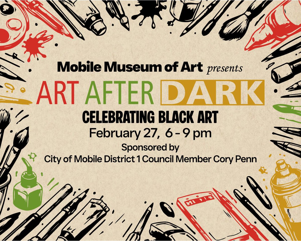 MobMuseumofArt's tweet photo. Art After Dark: Celebrating Black Art ​
🗓 Friday, February 27 | 6–9 PM​

Join us for Art After Dark, an after-hours celebration of Black creativity, culture, and community in honor of Black History Month.

https://t.co/8RAXpybGaS https://t.co/EjmEnLkHYs