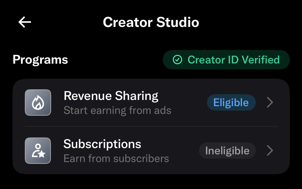 Finally Am Eligible For Creator Revenue Sharing Program On X 

Thanks For Support All ✅

It Took Me 40 Days To Reach Here 

Comment Down If You Need Any Help I Am There To Help All 🙏🏼