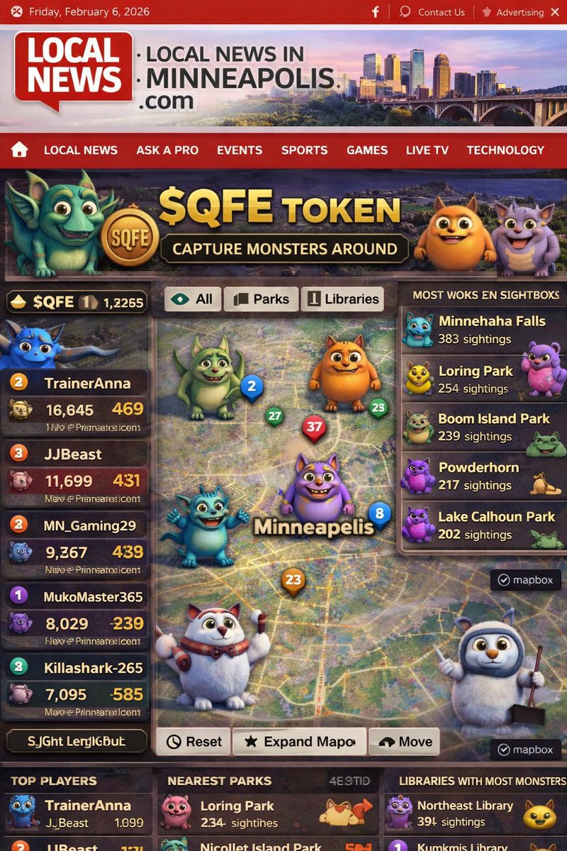 The $QFE game is being built directly into a global news network.
Find and capture monsters hidden in real cities, parks, libraries, and landmarks.
Launching across 60 countries — the world becomes the map.
News meets gaming. Reality meets discovery.

#Solana #SolanaGaming
