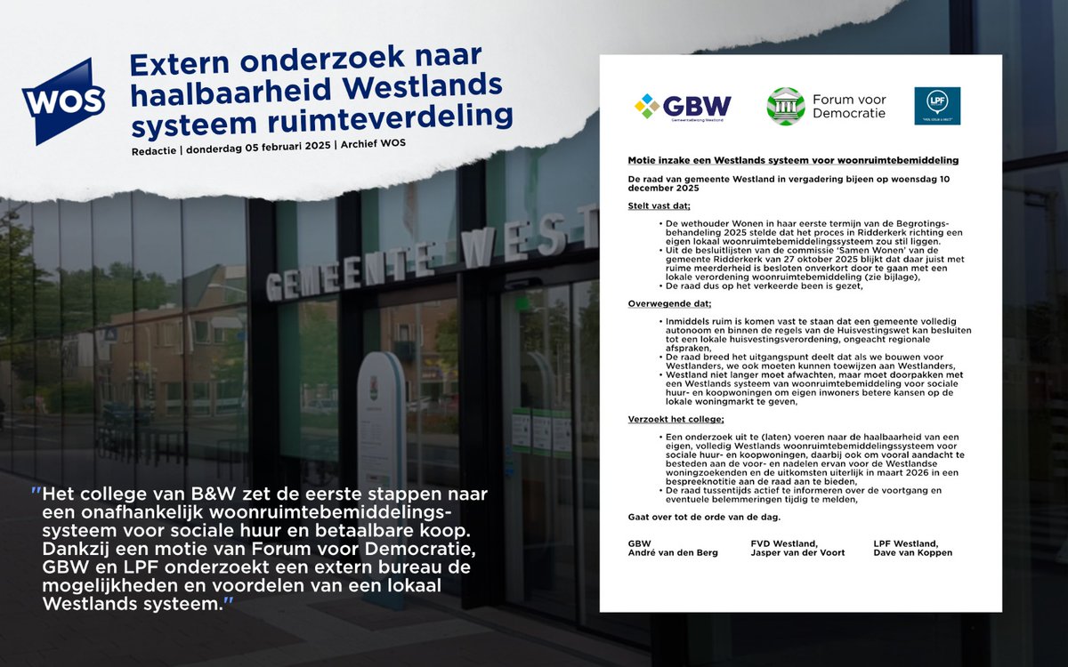 Goed nieuws! De eerste stappen worden gezet voor een eigen woonruimtebemiddeling, dankzij een motie van Forum voor Democratie Westland, <a href="/GBW_Westland/">GBW l GemeenteBelang Westland</a> en <a href="/LPFWestland/">LPF Westland</a>.

Tijd om de regie terug te pakken!
🗳️ Stem 18 maart Forum voor Democratie Westland!

#FVD #GR2026