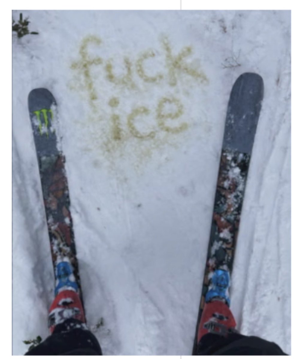 BREAKING: Olympian Gus Kenworthy Urinates Message for ICE Into Snow. 

He then posted this message on Social media:  

“You can call your Senator at (202) 224-3121 to speak up against ICE and put pressure on them during the current DHS funding negotiations. Here’s a sample