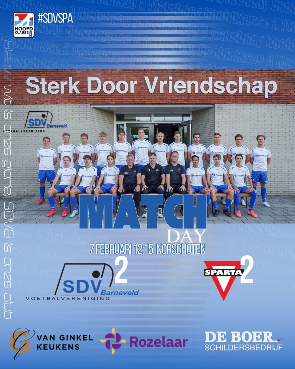 MATCHDAY!
⚽️ <a href="/SDVBarneveld/">SDVBarneveld</a>  - <a href="/SpartaEnschede2/">Sparta Enschede 2</a> 
🗓 7 februari
🏆Reserve Hoofdklasse
🎬 ronde 15
🕕 12:15
🏟 Sportpark Norschoten
📍 Barneveld
Tot vanmiddag💙🤍
💪🏼🚪🫱🏼‍🫲🏻🐔