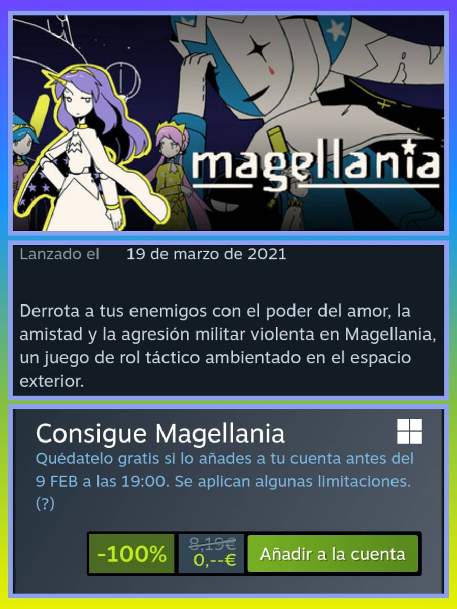 ‼️ Pillalo antes que vuele ‼️

✅ Ya puedes conseguir GRATIS en Steam el juego de rol táctico
" MAGELLANIA " 🤩🤩🤩🤩 si lo añades a tu cuenta antes del 9/2/2026 a las 19:00
✅ Enlace: store.steampowered.com/app/1511950/Ma…
✅ Derrota a tus enemigos.

#Steam #pcgaming #gratis #FelizViernes