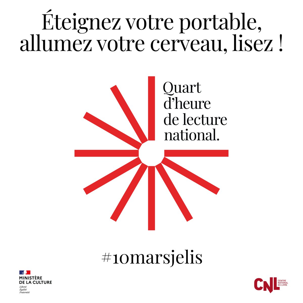 📖 #Lecture | Tous niveaux

🔶 Organisé par <a href="/LeCNL/">CNL - Centre national du livre</a> et le <a href="/MinistereCC/">Ministère de la Culture 🇫🇷</a>, le Quart d’heure de lecture national #10MarsJeLis revient pour sa 5e édition ! 

Référencer l’action de son établissement 👉 centrenationaldulivre.fr/quartdheurelec…
Consulter la carte des événements 👉 centrenationaldulivre.fr/les-temps-fort…