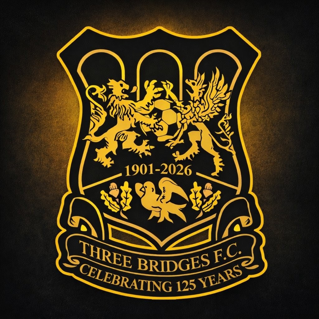 ThreeBridgesFC's tweet photo. A special occasion deserves a special touch.

After consultation with the committee and supporters, we are proud to unveil the Anniversary Badge to commemorate 125 years of Three Bridges FC.

Keeping in touch with our history, only minor, subtle changes have been made to the original badge, with a black and gold theme introduced to honour the milestone.

The badge will be used across various celebrations and branding as our football club enters into it's 125th season, with the club actively working on a range of merchandise we hope will be released during spring/summer.

#UpTheBridges🧡🖤