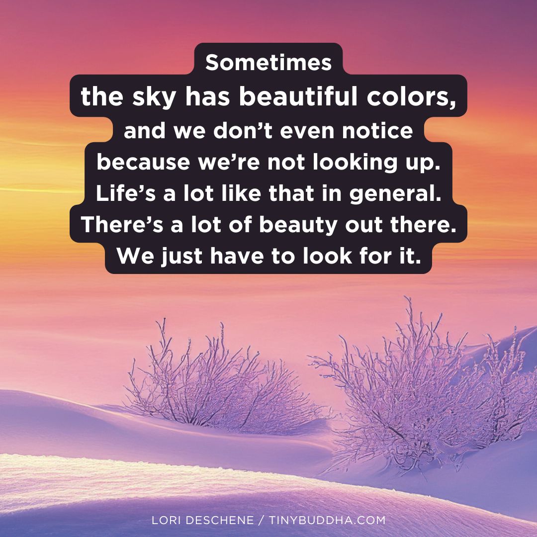 "Sometimes the sky has beautiful colors, and we don’t even notice because we’re not looking up. Life’s a lot like that in general. There’s a lot of beauty out there. We just have to look for it.” ~Lori Deschene