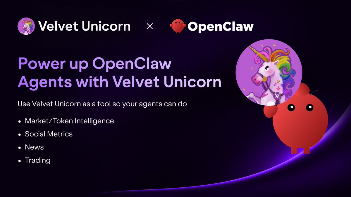 Your AI agent can now trade onchain

Velvet is making Velvet Unicorn available as a native tool for OpenClaw agents, giving them direct access to DeFi trading and market intelligence.

Agents can now:
- Analyze tokens and charts
- Track social metrics and narrative momentum
-
