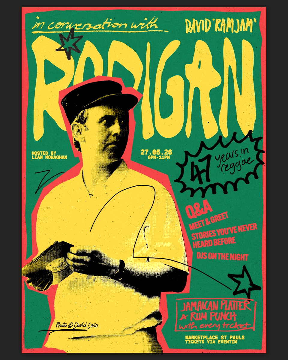 Honoured to work on this poster for the legendary <a href="/DavidRodigan/">David Rodigan</a>, for his first ever Q&amp;A at MarketPlace Foodhall celebrating 47 years in Reggae. It was a real pleasure working with <a href="/LiamMonaghanuk/">Liam Monaghan</a> on this one too.