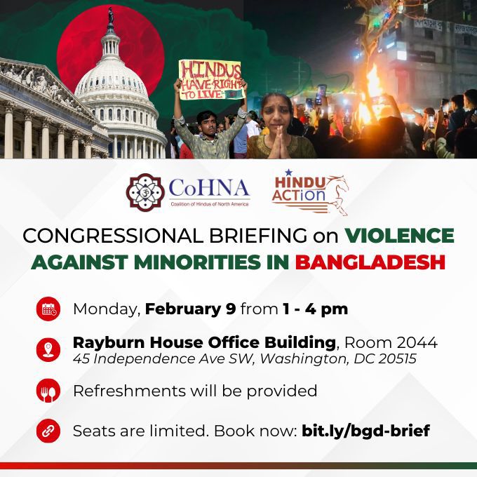 CoHNA and HinduAction are hosting a Congressional briefing on the violence against minorities in Bangladesh 🇧🇩 on Capitol Hill and the rapidly deteriorating human rights situation in the country.

Join us as we meet with congressional staffers, hear expert testimonials about the