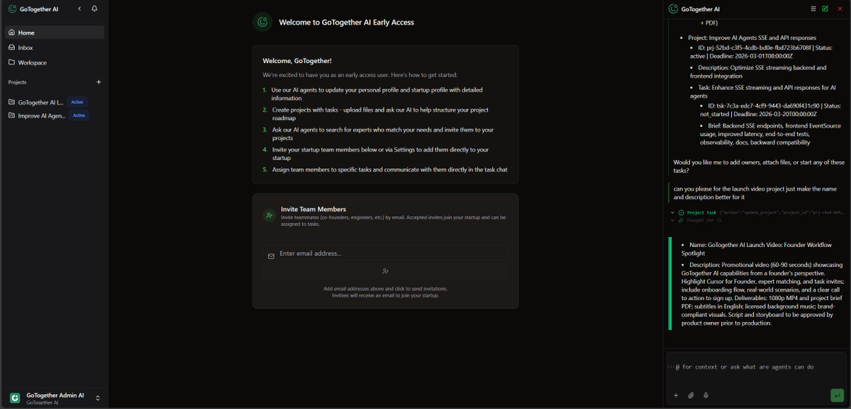 GoTogetherAI's tweet image. We are building "Cursor for Founders". @GoTogetherAI helps founders streamline their startup journey from product development and communication to fundraising within one cohesive, AI-powered platform.