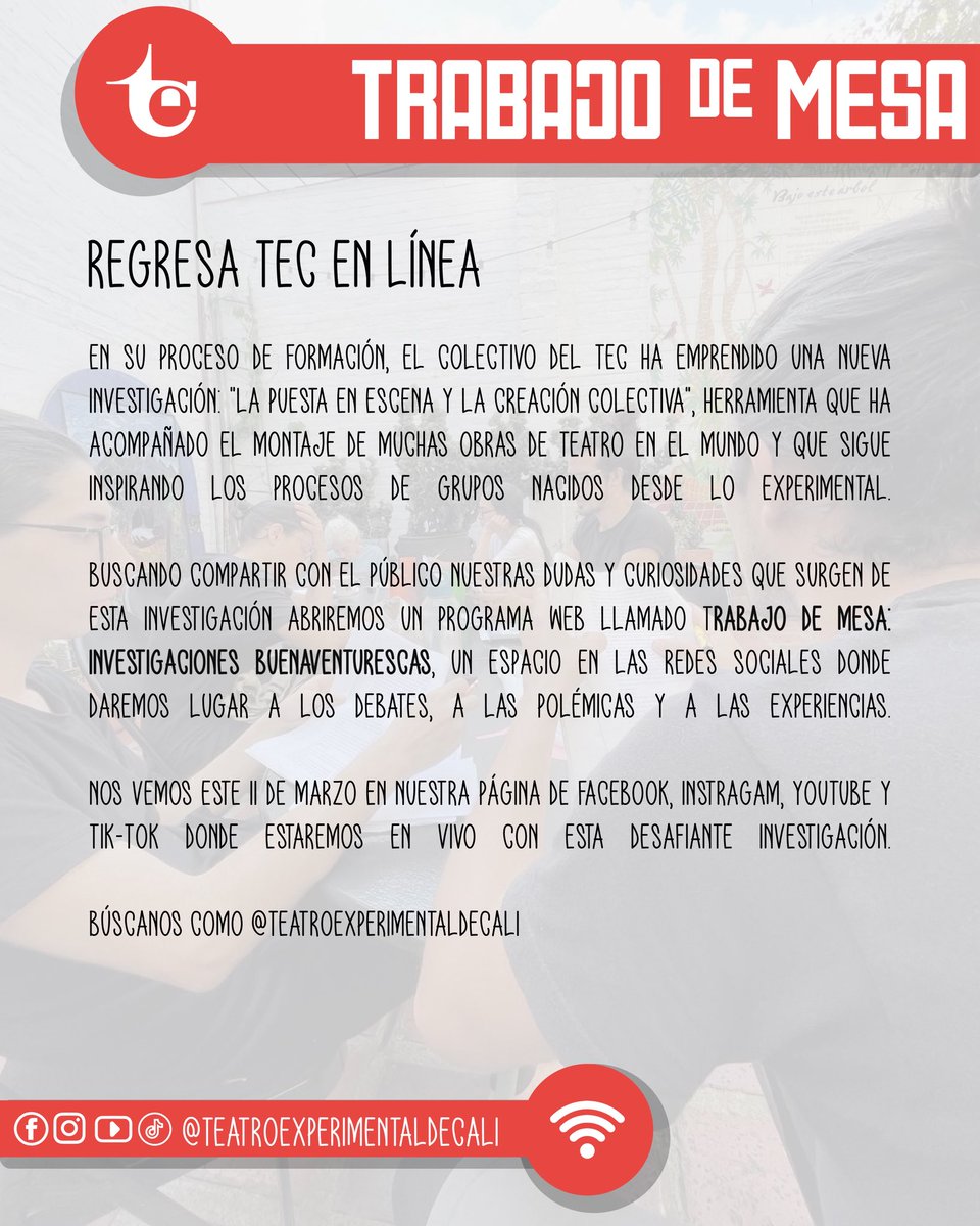 🎙️TRABAJO DE MESA🎙️
Regresa 🎭TEC EN LÍNEA🎭

🗓️ 11 de marzo
📡 En vivo por Facebook, Instagram, YouTube y TikTok

Debates, preguntas y experiencias desde la investigación teatral.

🔎 @teatroexperimentaldecali

#TeatroExperimentaldecali #enriquebuenaventura #teatro