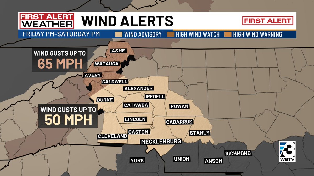 Wind Advisory extended to include the Charlotte Metro region tonight-Saturday evening. This as wind gusts up to 50mph will be possible in this area! #ncwx