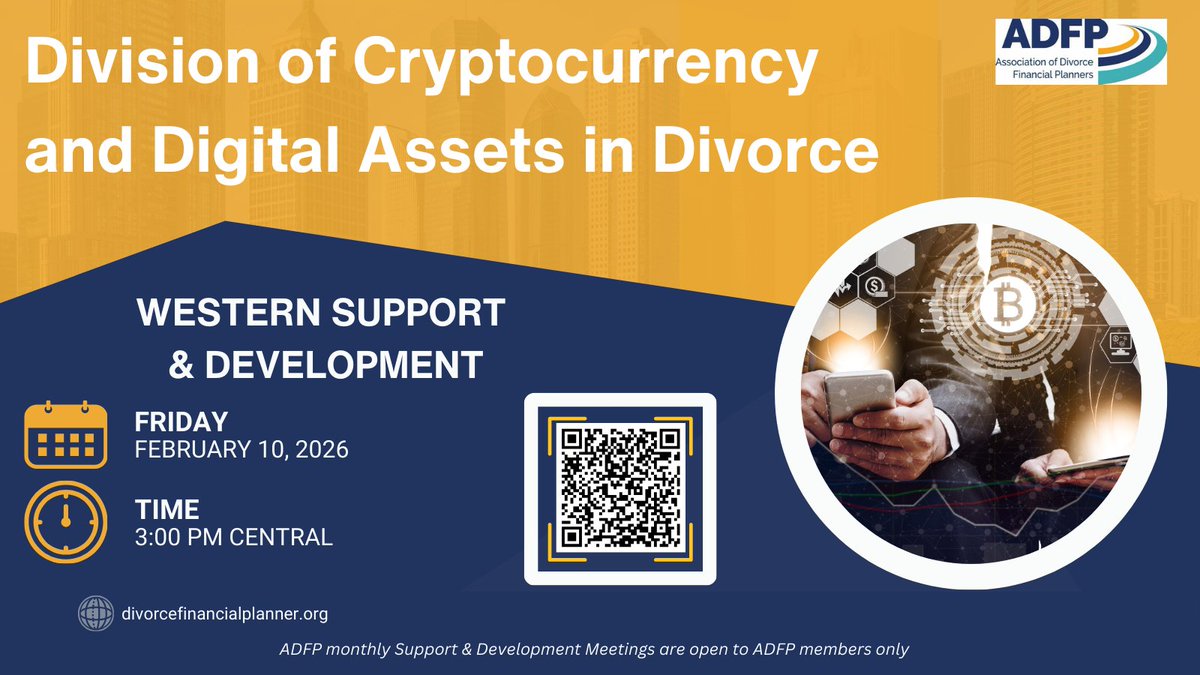 DivorceFP's tweet photo. Join us for a discussion on dividing🪙digital assets during divorce at next week's Western Support &amp; Development Meeting. Registration is free and open to all current ADFP Members.
#CDFA #CFP #DivorceFinancialPlanning #ProfessionalDvelopment https://t.co/2WTbSapRNd