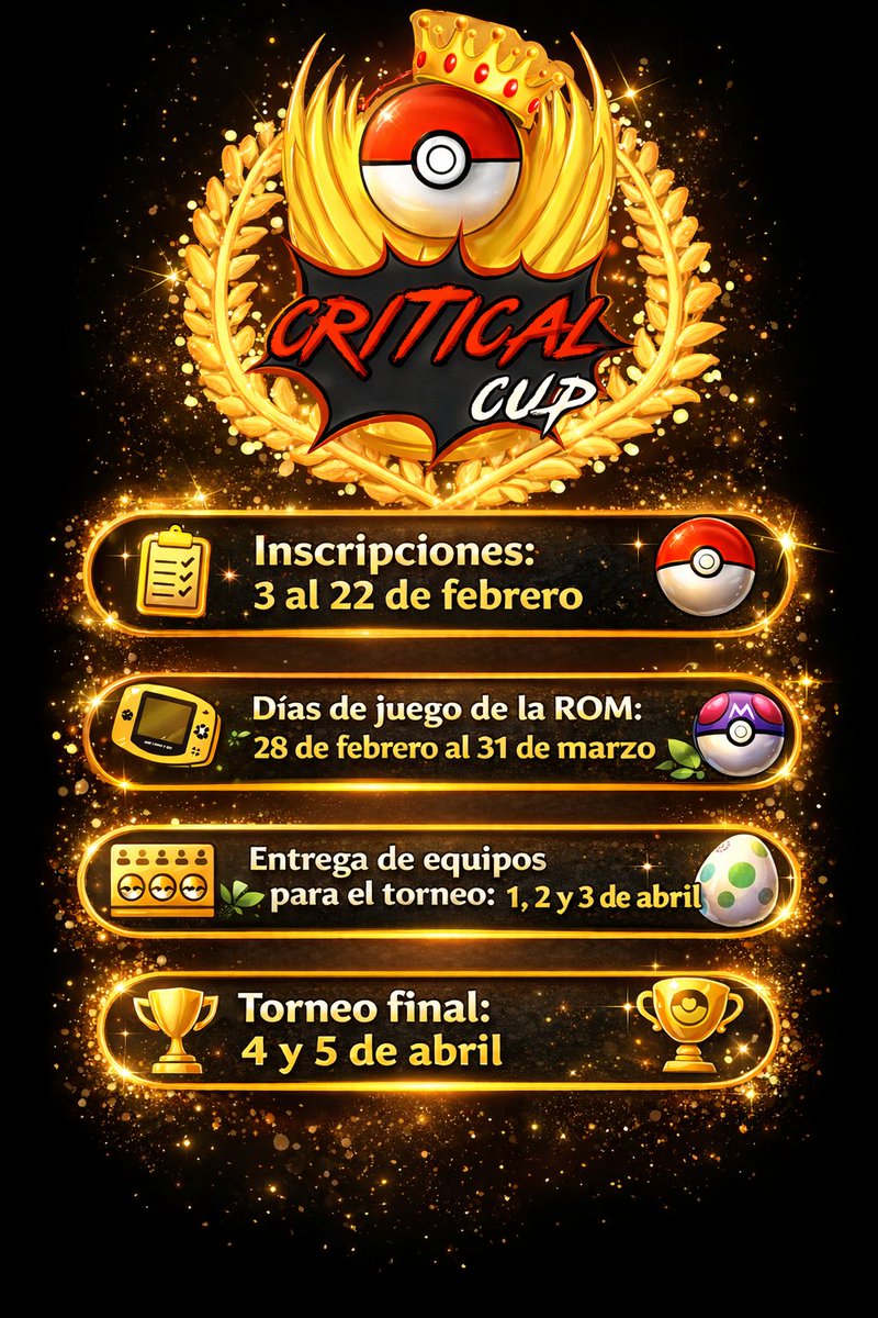 🔥 ¡Se viene la CRITICAL CUP! 🔥

Aquí tenéis todas las fechas — prepárate para competir, entrenar y demostrar quién manda en Hoenn.🏆

Inscripciones abiertas, link en nuestra bio, ¿estás listo para el desafío?

#CriticalCup #Pokemon #Gaming