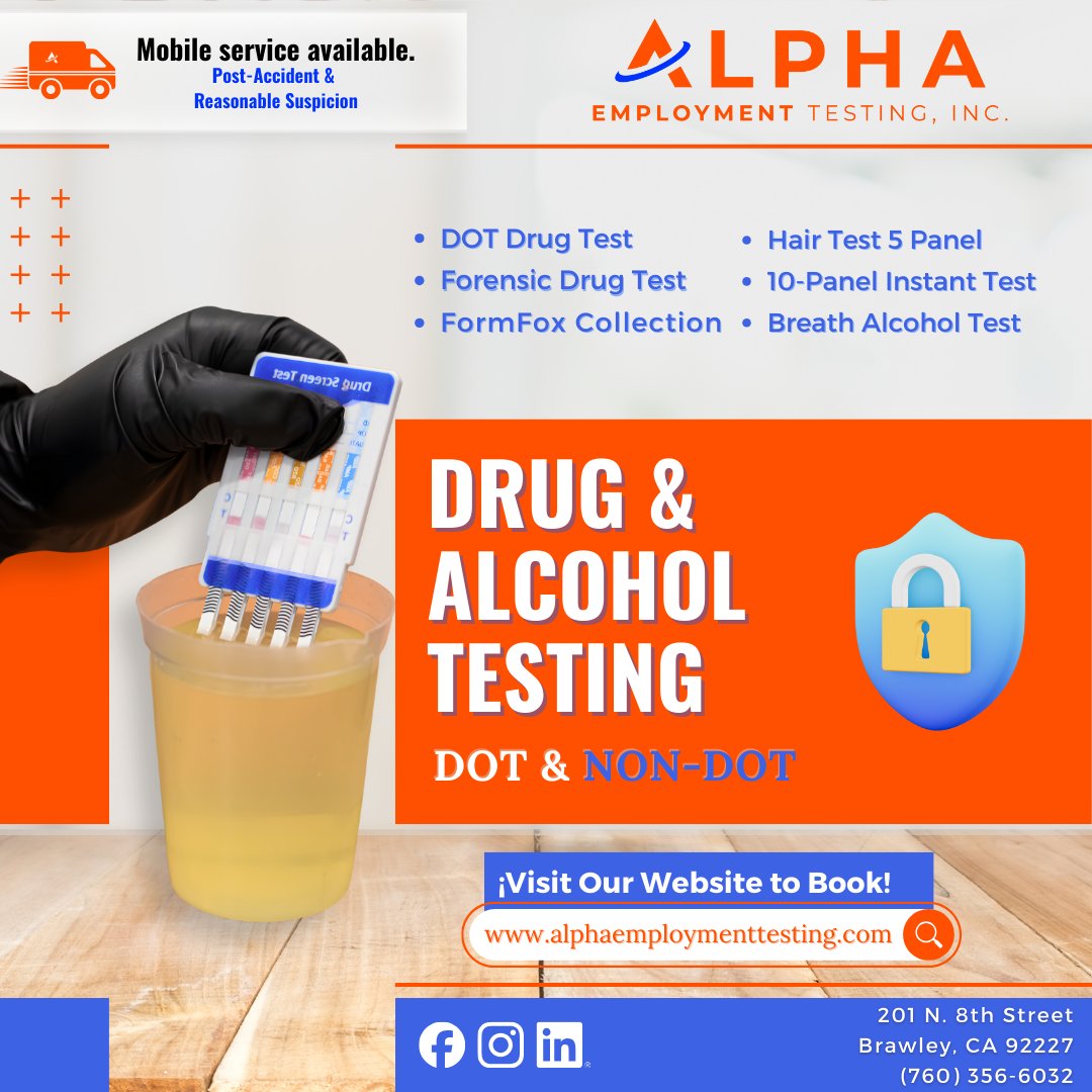 Alpha7603566032's tweet photo. Employers: Are you protected?

✔ DOT Testing
✔ Post-Accident
✔ Reasonable Suspicion
✔ Hair &amp; Instant Testing
✔ Breath Alcohol
Mobile services when you need us most.
ALPHA Employment Testing
“URINE and You’re Out.”
📍 Brawley, CA
📞 760-356-6032
#WorkplaceSafety #DOTTesting https://t.co/0D9rOvFMKc