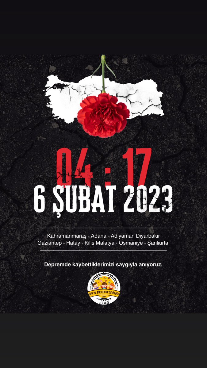 Acısı hâlâ yüreğimizde…
3 yıl önce 6 Şubat depremlerinde yitirdiğimiz tüm canları rahmetle anıyor, geride kalanlara sabır diliyoruz.
Unutmadık, unutmayacağız.

Sen De Bir Çocuk Sevindir Derneği