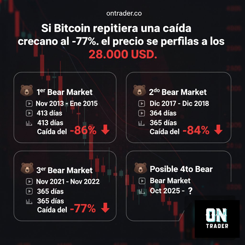 🐻 1er Bear Market
📅 Nov 2013 – Ene 2015
⏳ 413 días
📉 Caída del -86%

🐻 2do Bear Market
📅 Dic 2017 – Dic 2018
⏳ 364 días
📉 Caída del -84%

🐻 3er Bear Market
📅 Nov 2021 – Nov 2022
⏳ 365 días
📉 Caída del -77%

🐻 Posible 4to Bear Market
📅 Oct 2025 – ❓