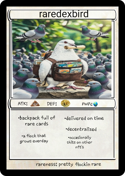 Season 2 • Card #6
RAREDEXBIRD
tokenscan.io/asset/RAREDEXB…
Artist: Bcarver85
Supply: 77
rarepigeons.com/season-2/ 
#RarePigeons #BitcoinNFT #Counterparty #XCP #Bitcoin #OnChainArt #CryptoArt