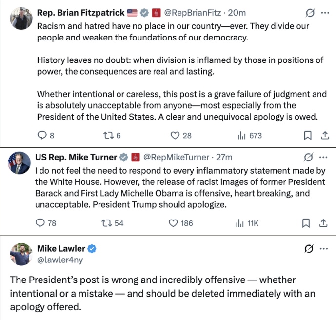OstapYarysh's tweet photo. Following public backlash — including from Republican lawmakers  — a Truth Social post shared by Trump depicting the Obamas as monkeys was taken down. Initially, the WH @PressSec dismissed the criticism as ‘fake outrage.’ A WH official later blamed a staffer for sharing the post. https://t.co/wRUvc2FT02