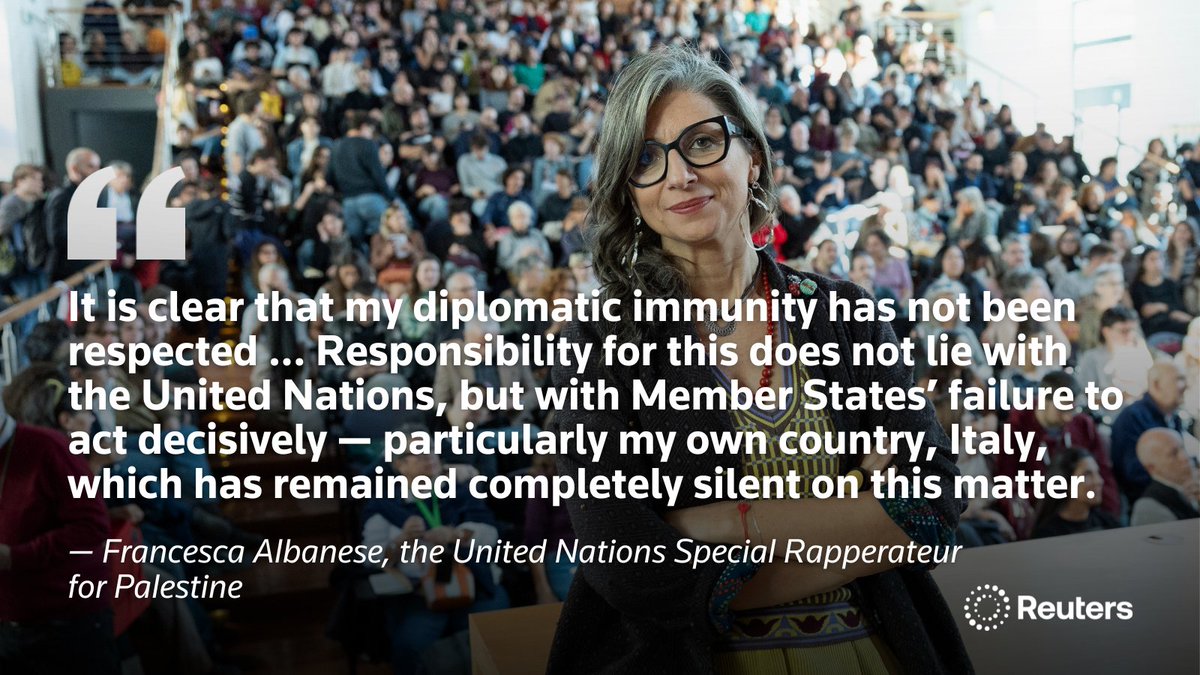 Francesca Albanese says her diplomatic immunity as a UN expert was ignored when the U.S. sanctioned her. The UN told Washington she has legal status and protections 'as an expert on mission' reut.rs/4aeHWLI <a href="/specialreports/">Reuters Investigates</a>