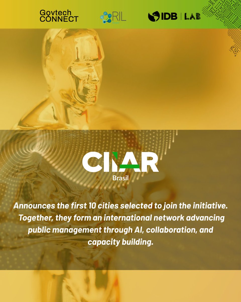 Ten #Brazilian cities have been selected to join CIIAR Brasil, opening new opportunities for #GovTech #Startups to engage with local governments, test solutions, and create public value.
 
Through GovTech Connect, <a href="/IDB_Lab/">IDB Lab</a> supports collaboration between cities and innovators.
