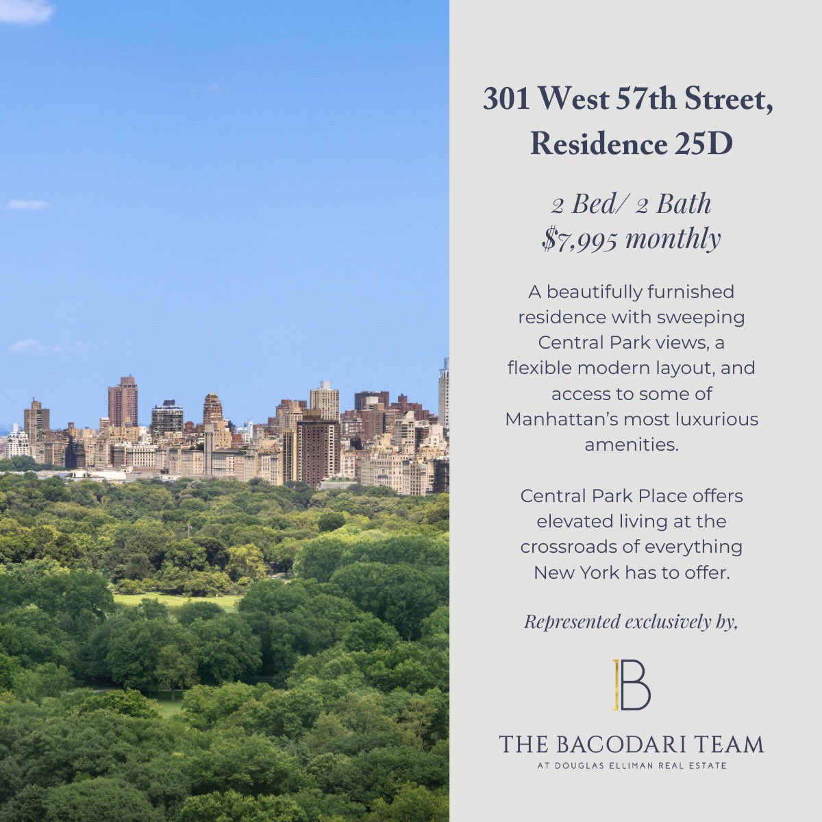 Bacodari's tweet image. Wake up to Central Park views 🌿
2 Bed | 2 Bath | Fully Furnished
$7,995/month

DM for details.

#CentralParkViews #NYCLuxuryRentals #MidtownLiving #FurnishedRental #ManhattanLiving