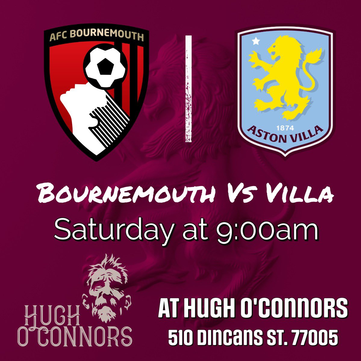 Come on out to Hugh O’Connors as Villa head south to take on the Cherries. Hopefully we can get back to winning ways in the league. Enjoy the match with fellow supporters!

#AstonVilla #houston