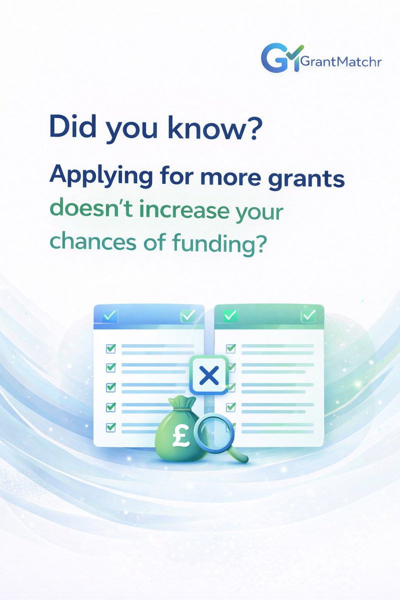 GrantMatchr's tweet photo. Applying for more grants doesn’t increase your chances of funding.

Funders look for alignment first.

That’s what GrantMatchr helps you with.

Visit GrantMatchr – link in bio ⬆️

#grantfunding #ukgrants #businessfunding #smallbusinessuk #startupfunding https://t.co/YADVOHCL3Q