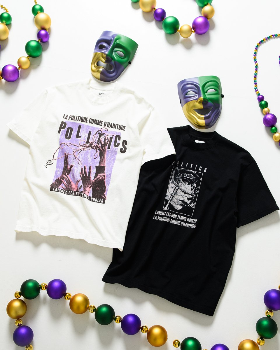 We're bringing the hype for Mardi Gras, and letting it move the only way we know how. Premium cotton tees with lived in comfort and illustrative graphics for the Masquerade and Parade, setting the tone to laissez les bon temps bouler because it’s la Politique comme d’habitude. 🅿️