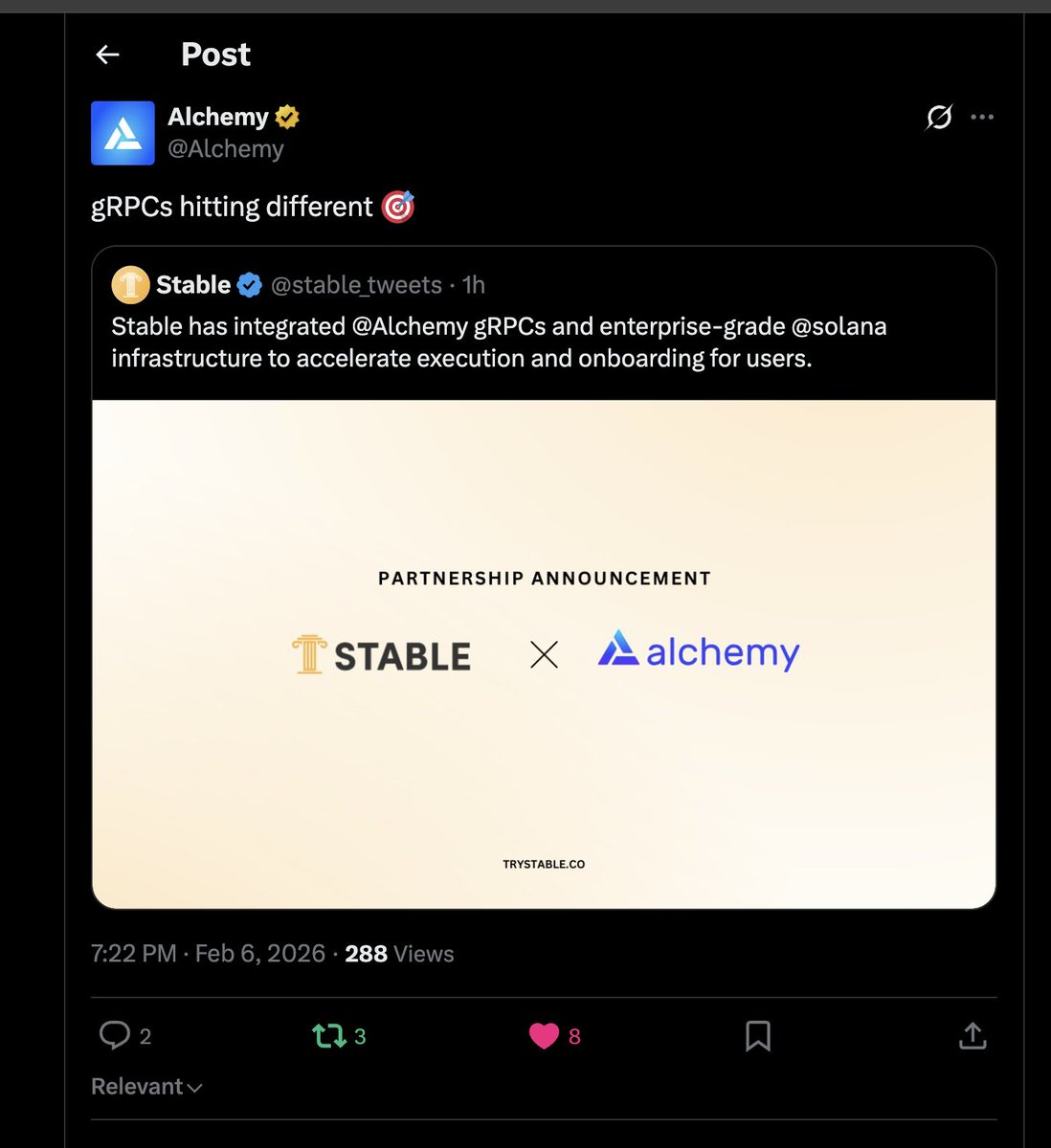So $STABLE just made a partnership + got shilled by Alchemy and it's at 100k with 500k ATH only ? 

Deserves 1M asap, Alchemy is huge just check Tron founder and a16z team following.

4AjvPXMn8YZG9saAVJvcWspg73oTFf2JmU4in4Xgpump