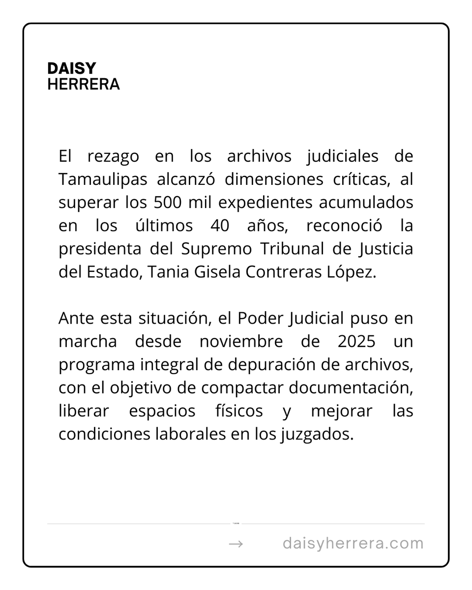 #ElPuntoEs 🔴 El Poder Judicial de Tamaulipas enfrenta un rezago superior a 500 mil expedientes acumulados durante cuatro décadas. Desde noviembre inició un programa de depuración

ℹ️Información de Josué Escamilla

#Tamaulipas #Cdvictoria #Reynosa #Matamoros #Tampico #Madero