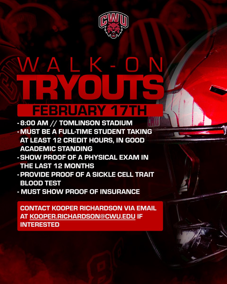 Are you interested in trying out for the CWU Football Team?! 🏈

We’ll be holding our walk-on tryouts on Tuesday, February 17 at 8:00 AM in Tomlinson Stadium! 

If you have any questions reach out to Kooper Richardson (Kooper.Richardson@cwu.edu)! 

We hope to see you there! 🤩