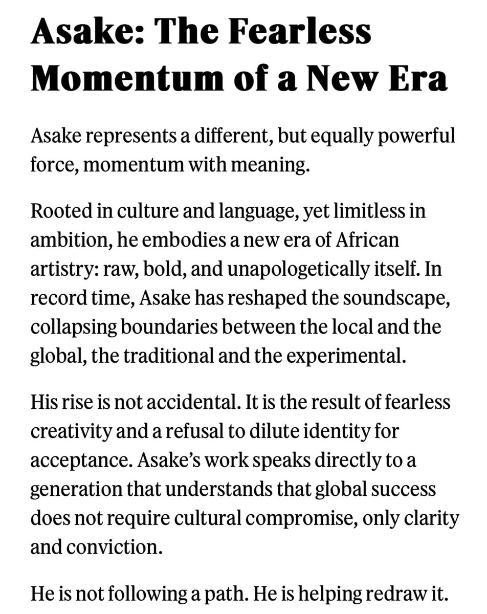 hypetribeng's tweet image. Wizkid : The Architecture of Global Afrobeats 

Asake: The Fearless Momentum of a New Era

— Via Rolling Stone Africa