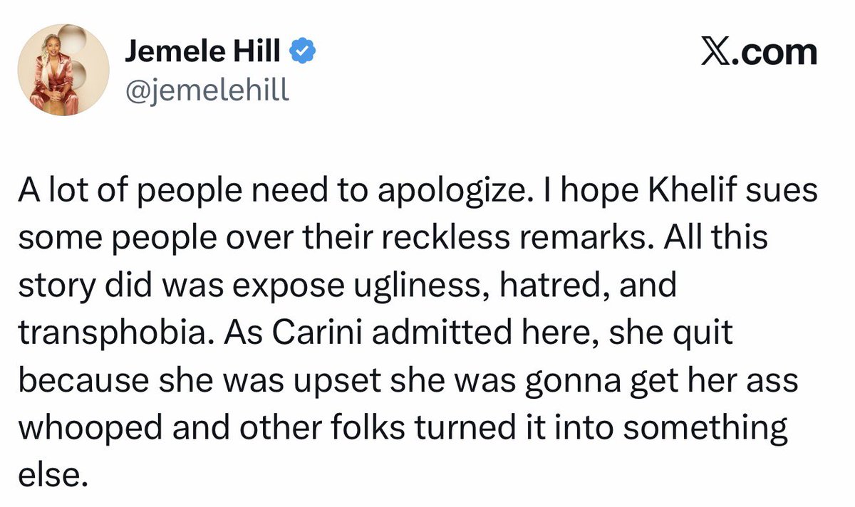 Reminder when <a href="/jemelehill/">Jemele Hill</a> said people like myself were “transphobic” &amp; “need to apologize” for correctly calling Olympic boxer Imane Khelif a man who was endangering REAL women in the ring and stealing medals from deserving females?

You gonna apologize to all of those females