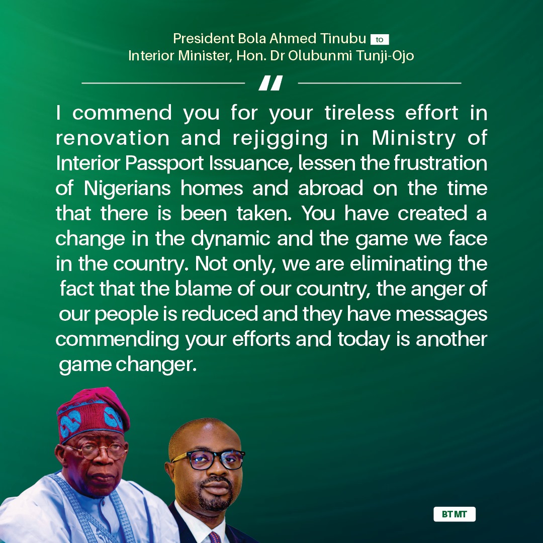 Nigerians at home and in the diaspora continue to applaud the remarkable leadership of the Honourable Minister of Interior, Hon. Olubunmi Tunji-Ojo (<a href="/BTOofficial/">Olubunmi Tunji-Ojo</a>) as his bold reforms transform key sectors under the ministry. 

From improved passport processing systems to