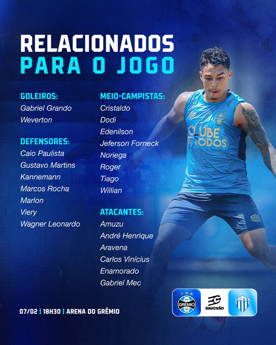 Gremio's tweet image. RELACIONADOS! 📋🇪🇪 Chegou a hora de conferir a lista dos atletas que vão representar o manto Tricolor amanhã na Arena. VAMOS!

#Gauchão2026 #GRExNHA