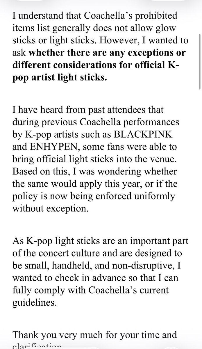 🎡Coachella 2026
Officially confirmed from Coachella: 
K-pop/Official Artist Light Sticks are allowed for 2026!!! 🎉🙌🎊

코첼라에 이메일 보낸거 오늘 답장왔음요!
당당하게 응원봉 들고 입장 가능합니다🙌
입장할때 시큐가 잡으면 이 이메일 보여주면 된답니다~ (왼쪽 답장, 오른쪽 내 메일)