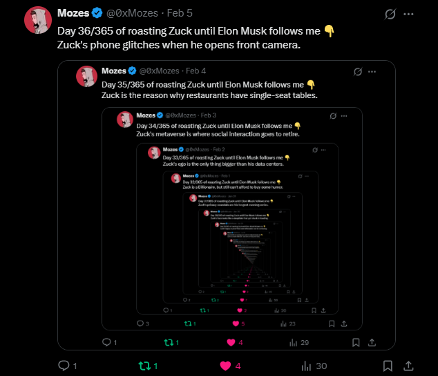 0xMozes's tweet photo. Day 37/365 of roasting Zuck until Elon Musk follows me 👇
Zuck's AI is trained to lie better than he does. https://t.co/3AOcf1b1Xy