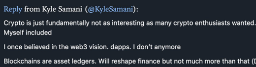 It's wild to see the biggest promoter of EOS and Solana, Kyle Samani, capitulate so violently and leave "crypto."

His goodbye is almost verbatim what I've been saying consistently since 2019, that the BEST outcome for cryptoblockchaindefi is to provide incremental improvements