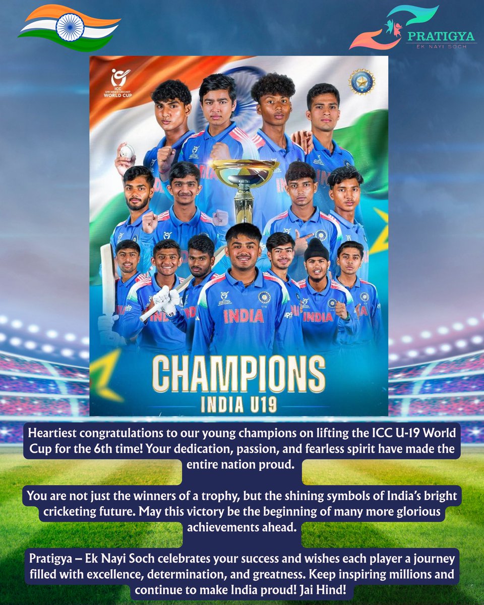 PENS_Talwara's tweet photo. Heartiest congratulations to our young champions on lifting the ICC U-19 World Cup for the 6th time! Your dedication, passion, and fearless spirit have made the entire nation proud. 🌟

Jai Hind! 

#TeamIndia #U19WorldCup #ChampionsAgain #FutureOfCricket #YoungChampions https://t.co/BPmBUb1cII